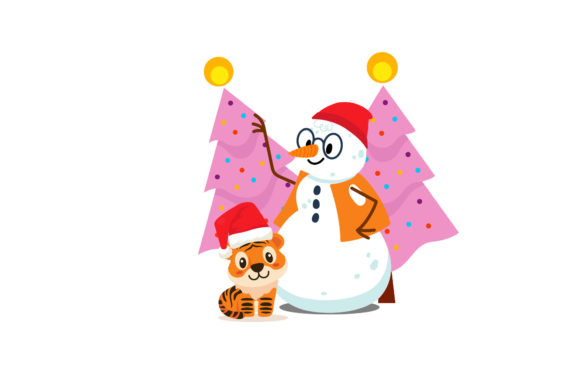 Pink Christmas Tree Snowman Cute Tiger Graphics